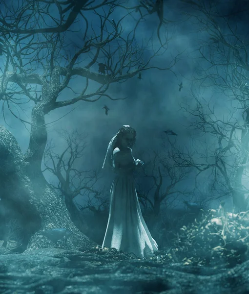 depositphotos 210990544 stock photo ghost bride creepy forest illustration