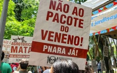 Manifestantes participam de um ato ao ar livre. Em destaque, um cartaz com a frase "Não ao pacote do veneno! PNARA já!". Ao fundo, aparecem outros cartazes, árvores e participantes da mobilização.