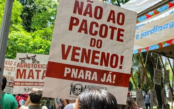 Manifestantes participam de um ato ao ar livre. Em destaque, um cartaz com a frase "Não ao pacote do veneno! PNARA já!". Ao fundo, aparecem outros cartazes, árvores e participantes da mobilização.
