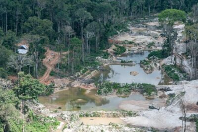 Vista aérea de uma área de floresta com trechos desmatados e escavações. Poças de água, solo exposto e vias de terra cortam a vegetação, evidenciando impactos ambientais provocados pela atividade humana.