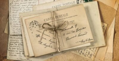 Conjunto de cartas, envelopes e cartões-postais antigos sobrepostos. No centro, dois cartões-postais amarrados com barbante. Os papéis têm escrita à mão, carimbos postais e aparência envelhecida em tons de bege.