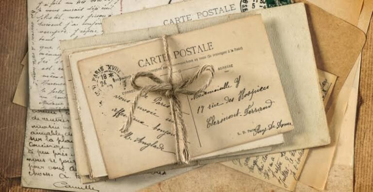 Conjunto de cartas, envelopes e cartões-postais antigos sobrepostos. No centro, dois cartões-postais amarrados com barbante. Os papéis têm escrita à mão, carimbos postais e aparência envelhecida em tons de bege.
