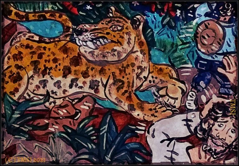 Pintura retrata uma onça-pintada deitada em meio à vegetação colorida. À direita, uma figura humana aparece reclinada. A obra usa pinceladas marcantes e tons vibrantes de verde, azul, vermelho e laranja.